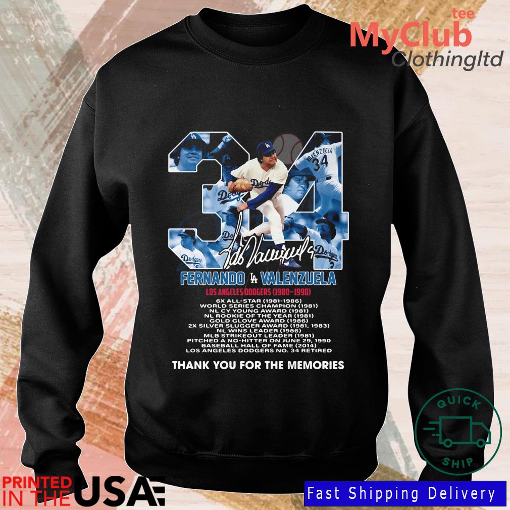 Fernando Valenzuela 34 Los Angeles Dodgers 1980 1990 Signature Thank You  For The Memories T-shirt,Sweater, Hoodie, And Long Sleeved, Ladies, Tank Top