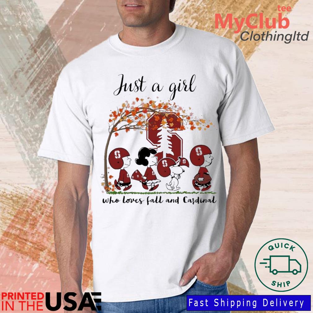 Just A Woman Who Loves Fall And Stanford Cardinal Peanuts Cartoon T-shirt